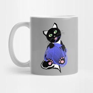 Funny and Cute Tuxedo Cat with a Big Ball of Yarn Mug